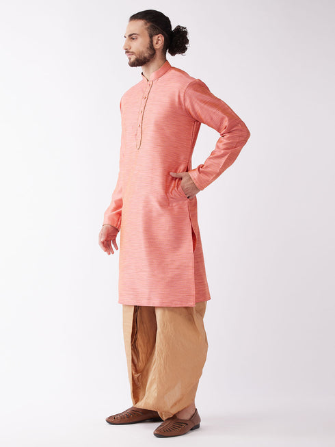 Vastramay Men's Pink And Rose Gold Silk Blend Kurta And Dhoti Set